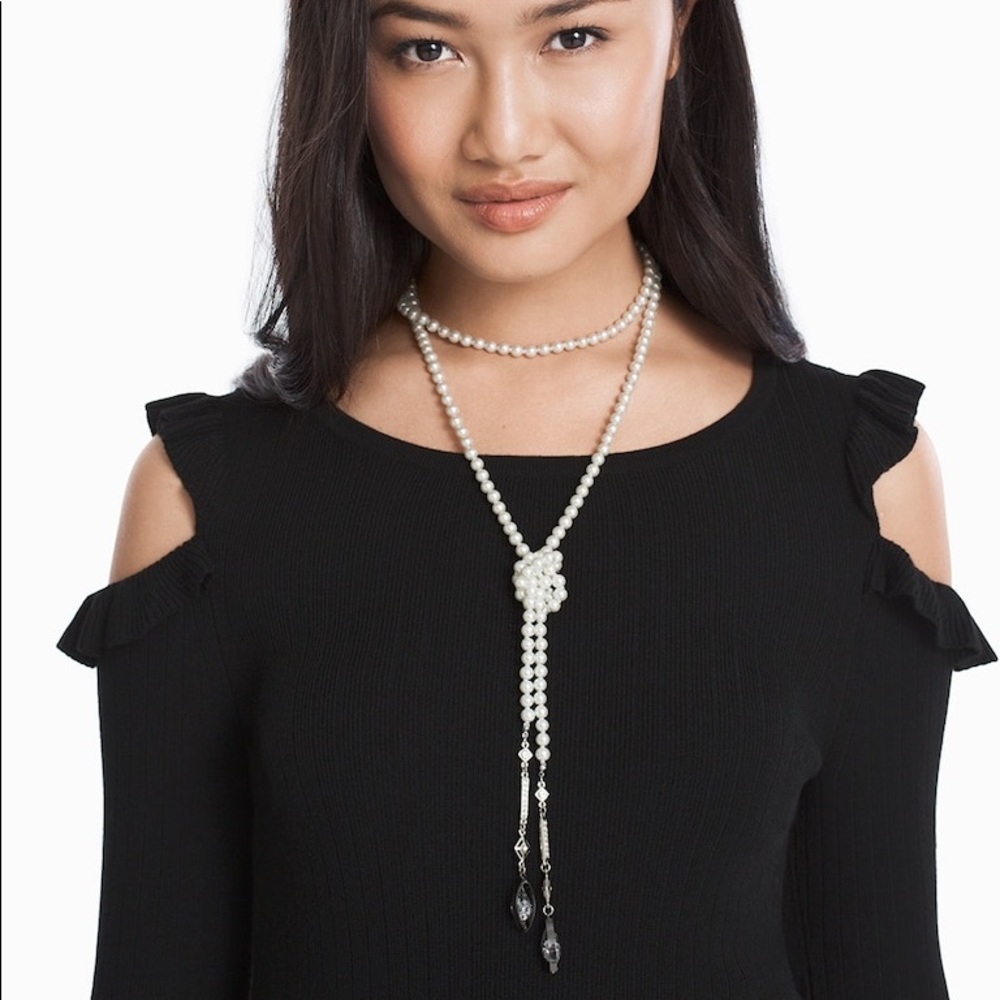 NWT WHBM PEARL CRYSTAL NET DROP LARIAT NECKLACE